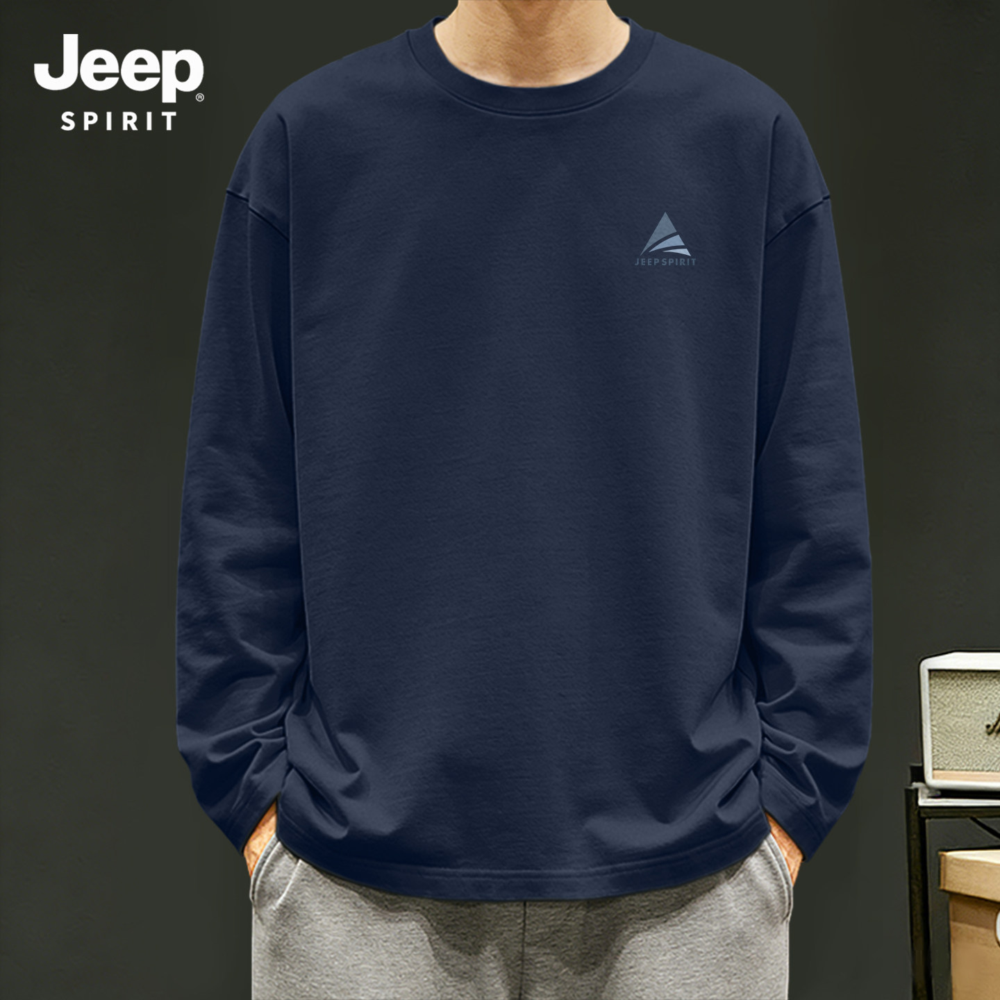 JEEP吉普t恤男长袖纯棉春季薄款上衣男款休闲高级感美式男士内搭