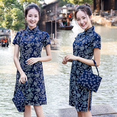 乌镇手工蓝印花布短袖 旗袍 立领中长款 旗袍复古修身 民族风纯棉女装