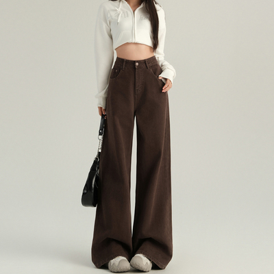 高腰咖色阔腿牛仔裤女春秋款2025新款垂感宽松显瘦直筒裤拖地裤子