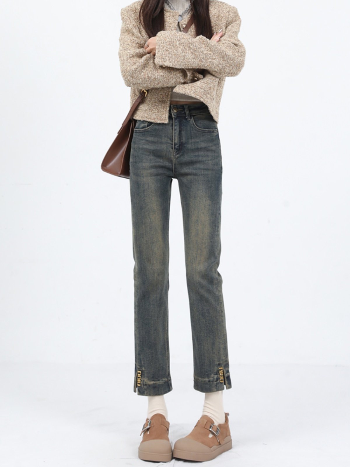 高腰开叉烟管裤女2025春秋新款复古显瘦小个子九分直筒弹力牛仔裤,女装/女士精品,牛仔裤,淘宝优惠券,粉丝福利购,淘宝优惠卷