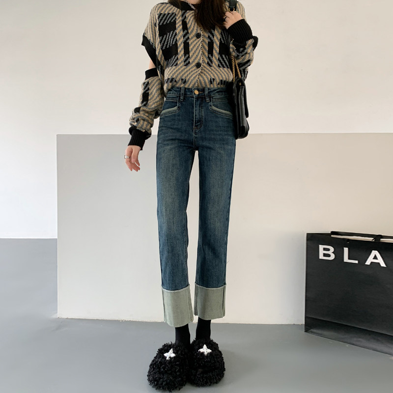 高腰直筒牛仔裤女秋冬季2025新款拼接修身显瘦小个子九分烟管裤子,女装/女士精品,牛仔裤,淘宝优惠券,粉丝福利购,淘宝优惠卷