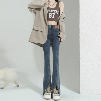 开叉微喇牛仔裤女加绒秋冬季2024新款小个子高腰拖地喇叭马蹄裤子