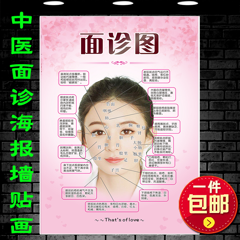 美容院人体面部穴位图片头部脸部经络面诊示意图海报宣传挂画定制