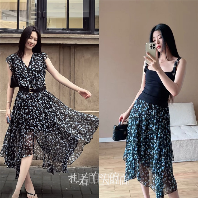 【羊家】M0 不规则碎花无袖连衣裙+双层荷叶边半裙 女