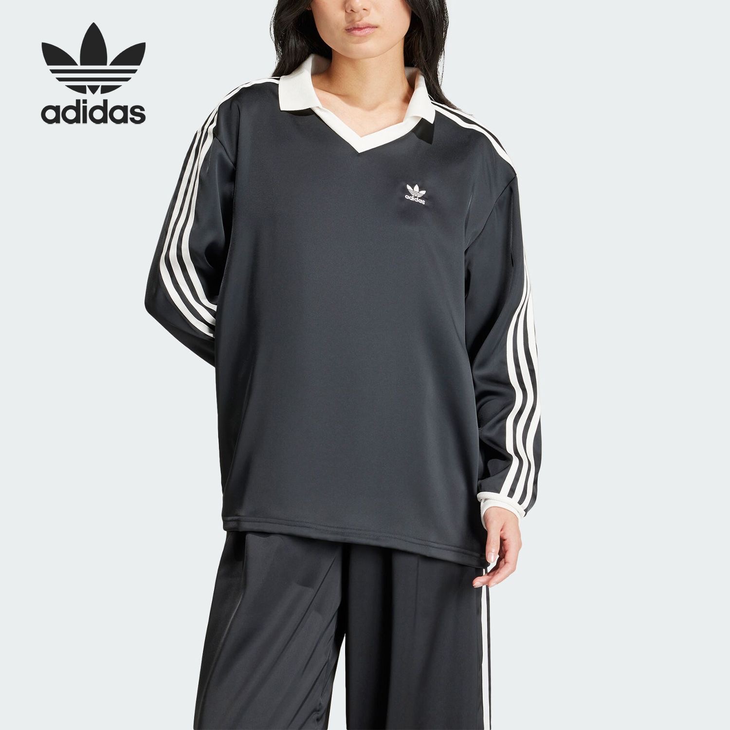 adidas  3-Stripes 条纹印花缎面长袖正肩袖T恤女款 IR6099