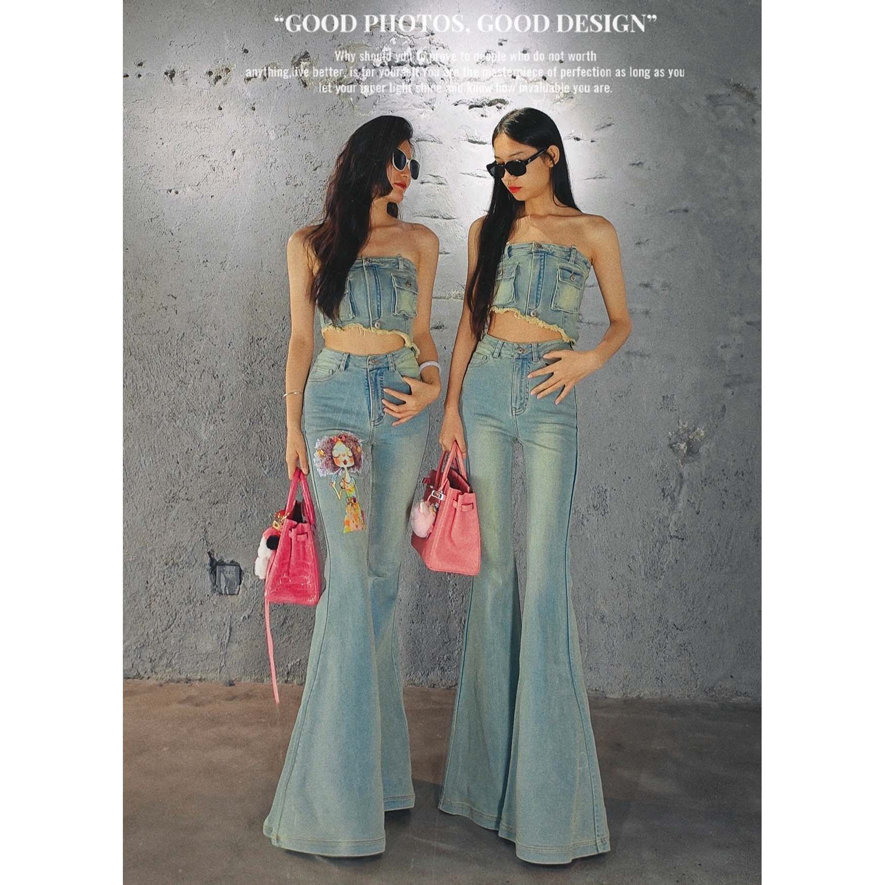 AOAOMISSSHOP鳌鳌家【美人头彩钻】2025夏季天蓝色牛仔时尚喇叭裤