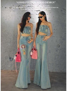 AOAOMISSSHOP鳌鳌家【美人头彩钻】2026夏季天蓝色牛仔时尚喇叭裤