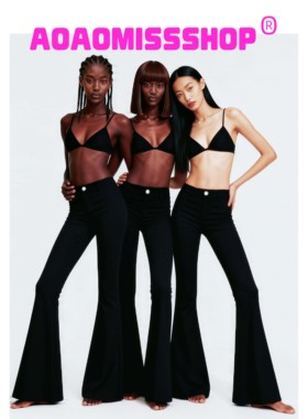 AOAOMISSSHOP鳌鳌家加绒和秋款 黑色前拉链Bold Zip西装微喇叭裤