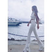 女高腰弹力长裤 2025白色牛仔微喇叭裤 不透 AOAOMISSSHOP