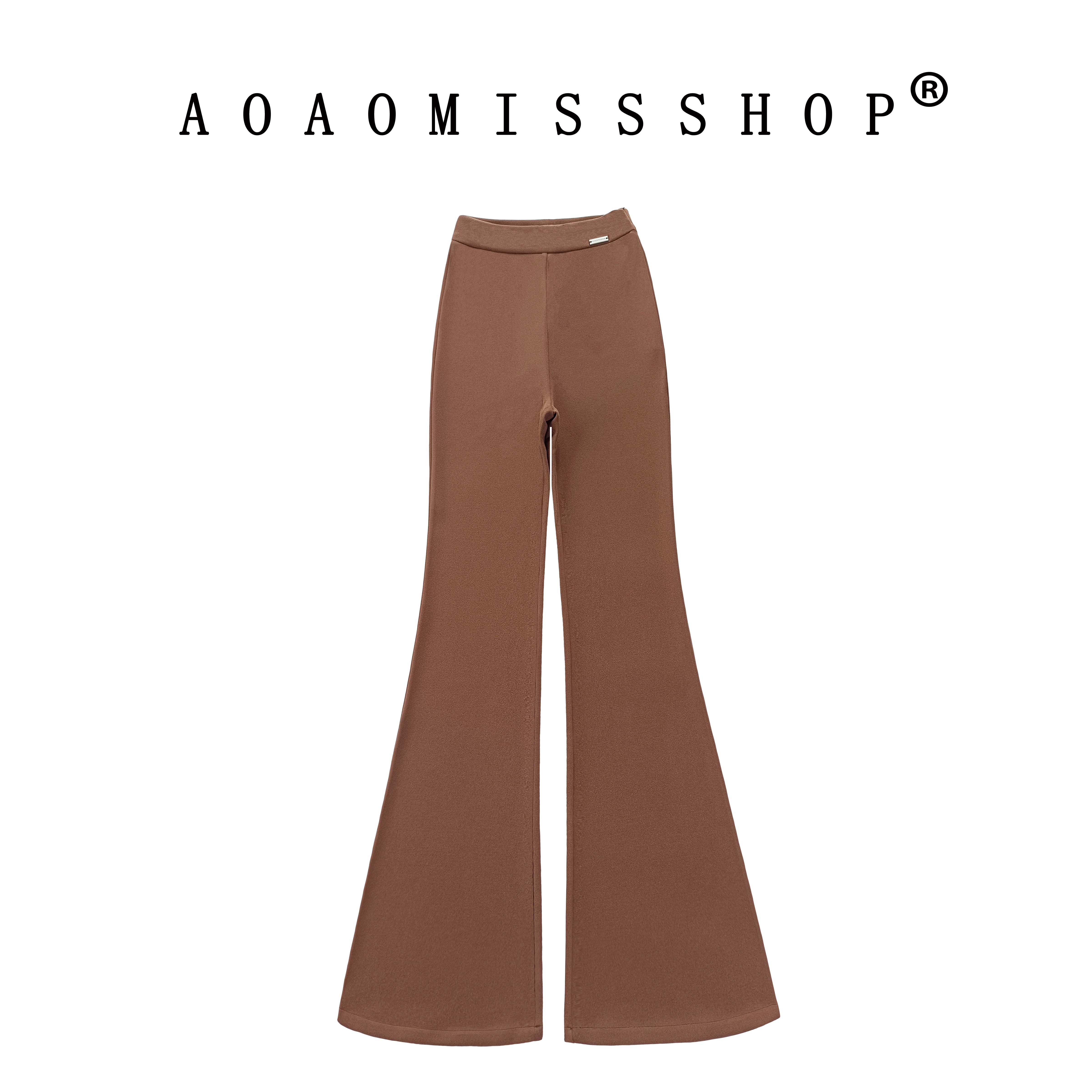 AOAOMISSSHOP 鳌鳌家/原创设计咖啡色薄料高腰弹力微喇叭裤