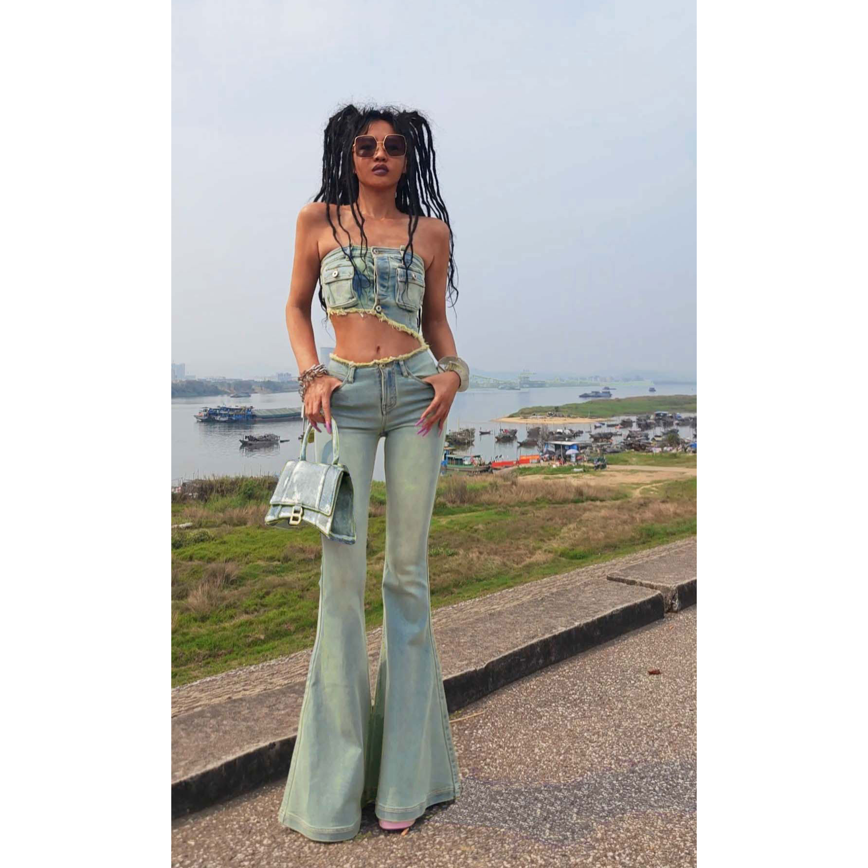 AOAOMISSSHOP鳌鳌家【低腰】夏款天蓝色弹力紧身时尚大喇叭长裤