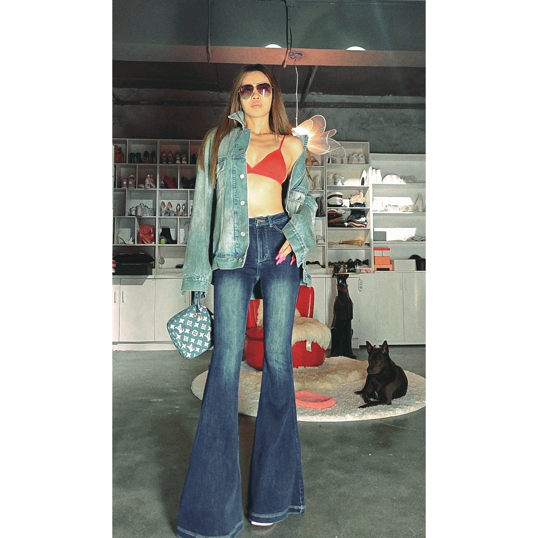 AOAOMISSSHOP鳌鳌家【经典色】深蓝色弹力紧身牛仔高腰喇叭裤