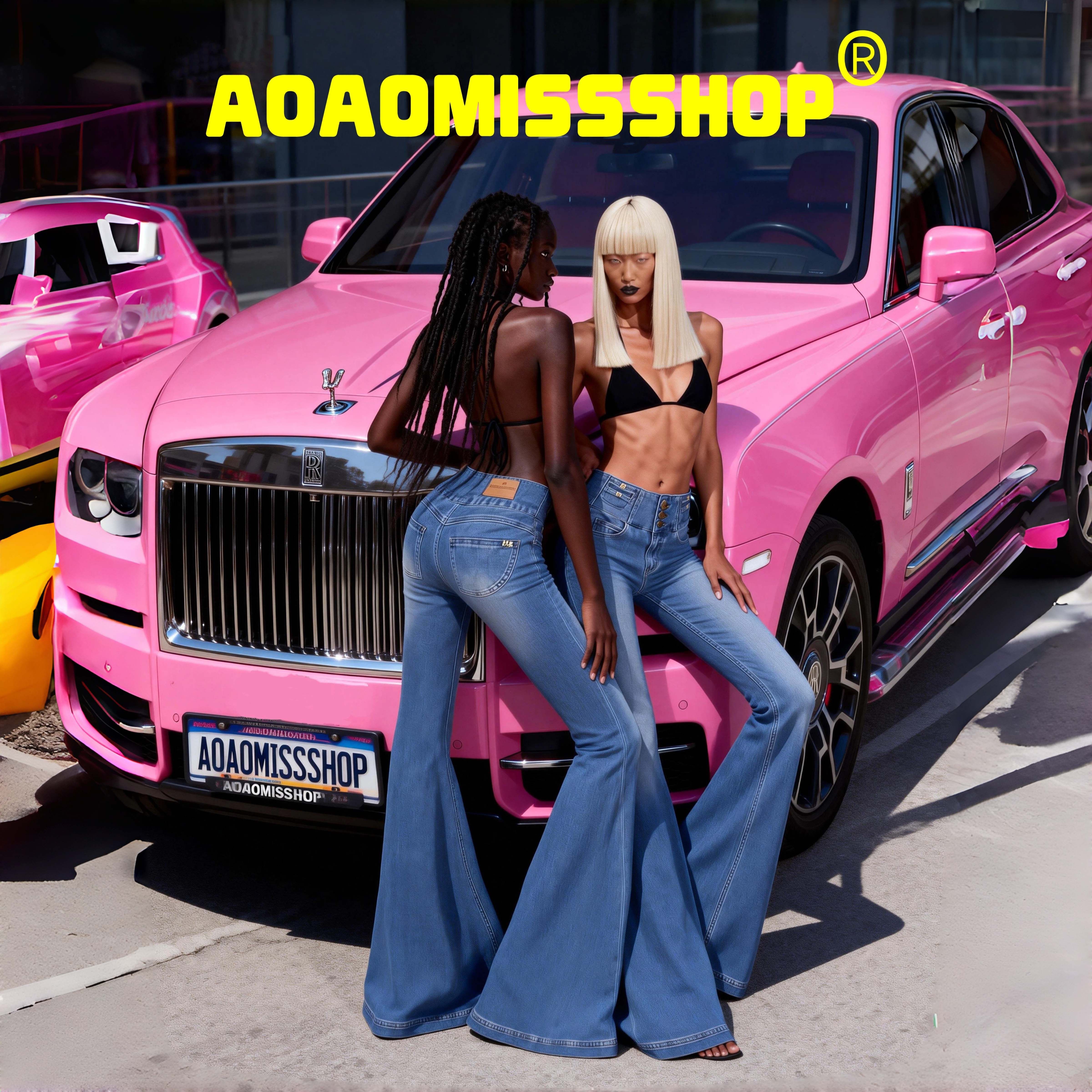 大喇叭AOAOMISSSHOP鳌鳌家 欧美High-waisted浅蓝3粒扣蝴蝶牛仔裤