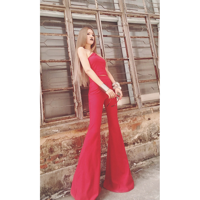 AOAOMISSSHOP 红色大喇叭裤女高腰弹力显瘦紧身裤加长款拖地长裤