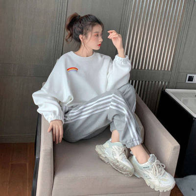 Spring and autumn new sportswear set women's Korean style loose rainbow sweater casual Harem Pants two piece set