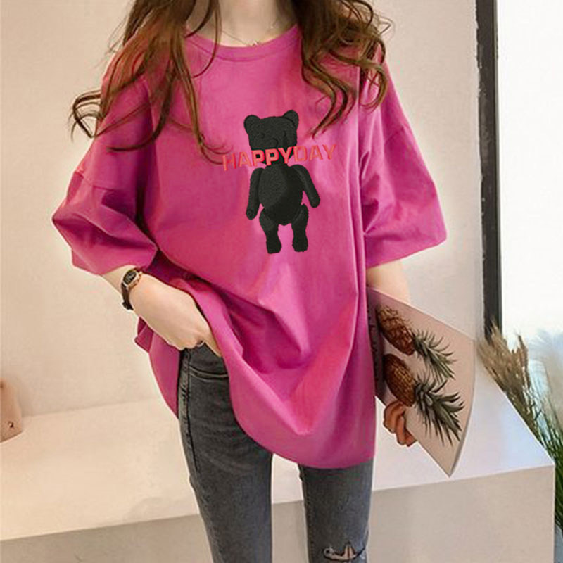 Official website photo Korean round neck loose short sleeve T-shirt bear print versatile top summer
