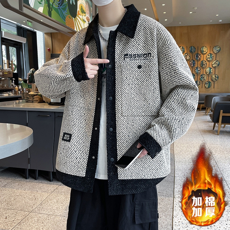 2025秋冬新款撞色翻领加厚保暖棉服男士宽松大版休闲夹克长袖外套