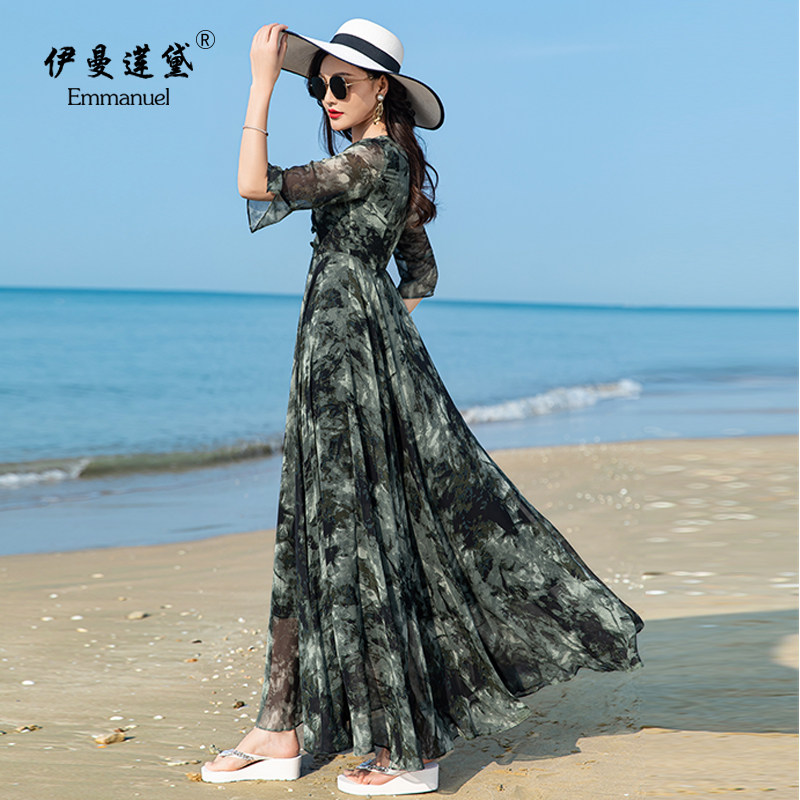 2022夏新款长款连衣裙水墨画大摆裙子修身显瘦气质雪纺沙滩度假裙