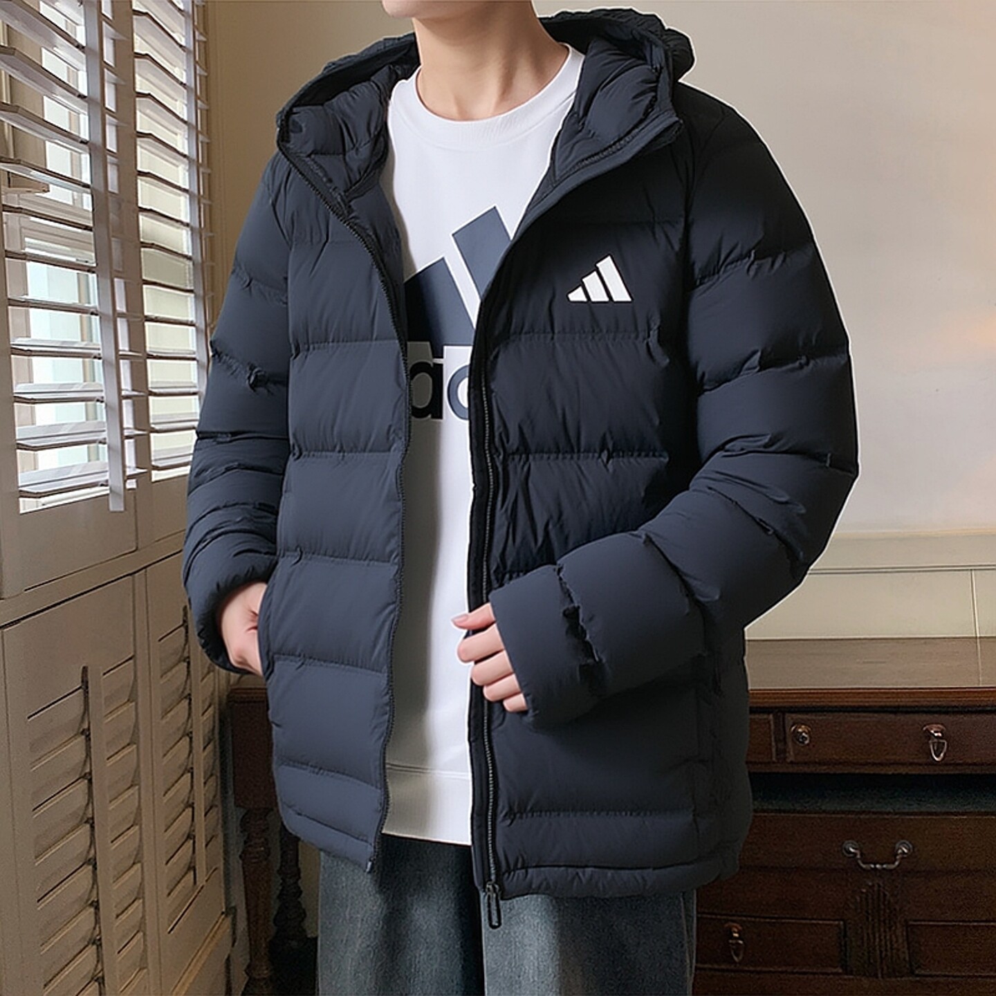 Adidas阿迪达斯排骨羽绒服男款2025冬季新款连帽保暖黑色羽绒外套