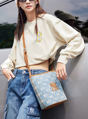 MLB官方牛仔满印老花水桶包女包2025新款单肩包斜挎包3ABMMV65N