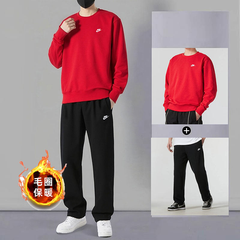 NIKE耐克新年款运动套装男子圆领卫衣长裤子冬宽松休闲针织两件套