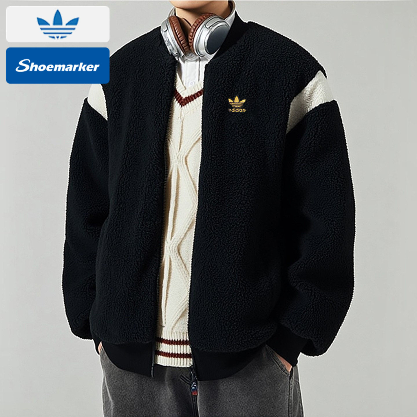阿迪达斯三叶草仿羊羔绒外套男款25冬款双面穿休闲抓绒夹克IX4215