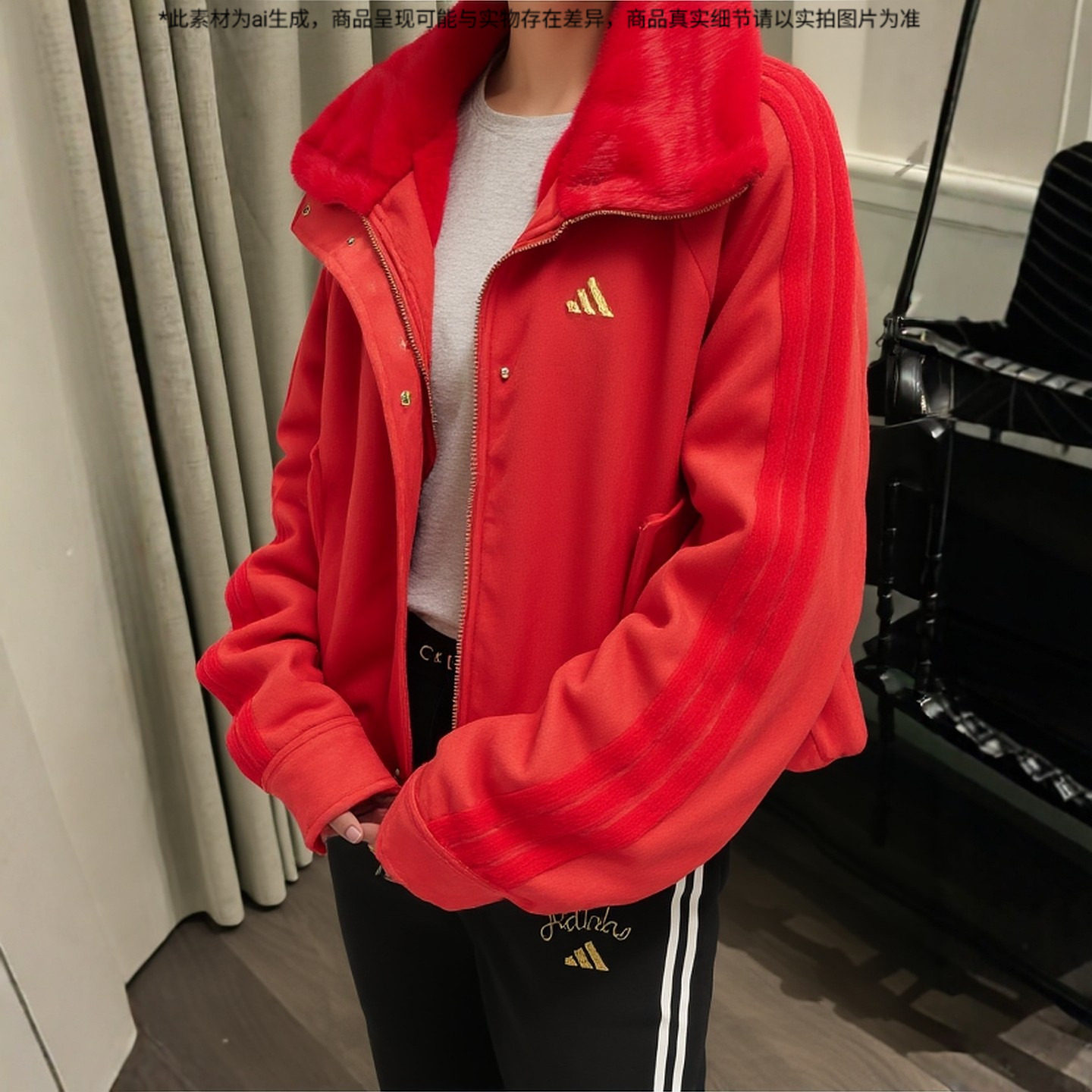 adidas阿迪达斯红色短款上衣女款26新款女款毛绒夹克外套KH2661
