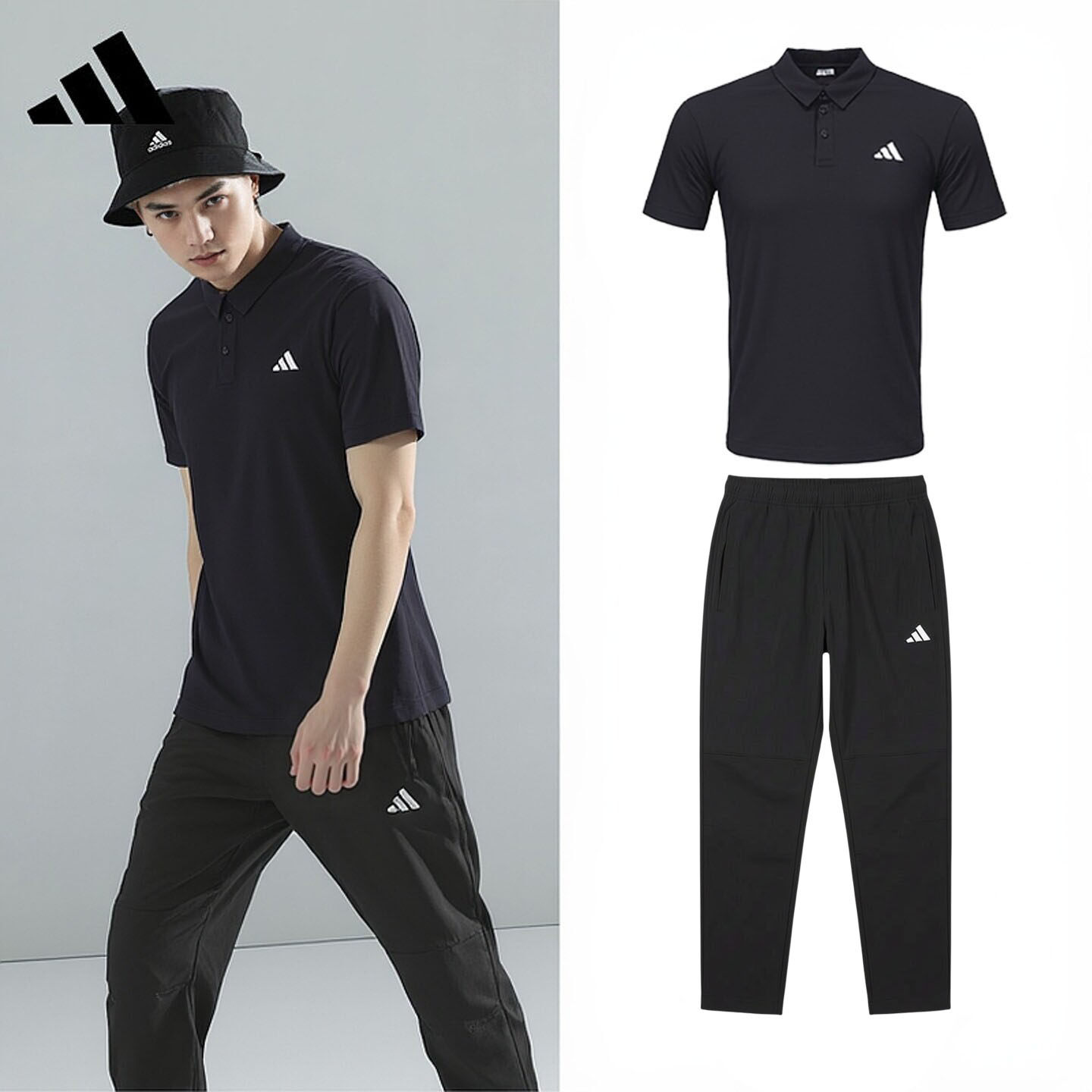 阿迪达斯正品男子套装休闲运动短袖长裤两件套翻领运动商务套装男