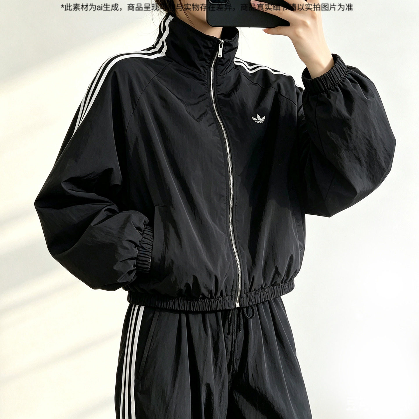 阿迪达斯三叶草女士漏斗领外套夏季新款灯笼袖复古运动服简约上衣