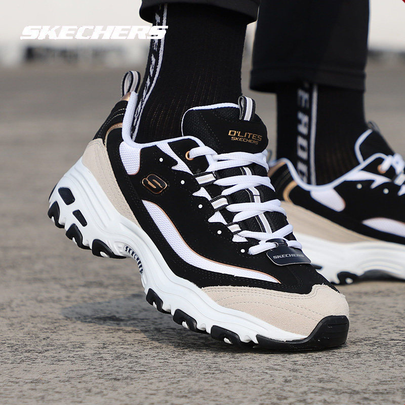 斯凯奇男鞋黑白金熊猫鞋透气运动鞋厚底老爹鞋秋季新款复古休闲鞋