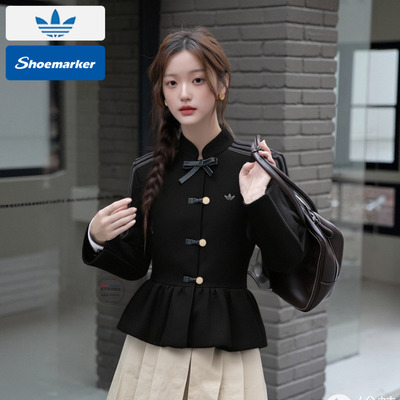 阿迪三叶草新中式立领收腰花苞夹克外套女黑色蝴蝶结上衣KR5068