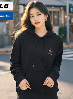 MLB官网NY黑色卫衣男女装冬季新款休闲运动服宽松套头衫3AHDM0144