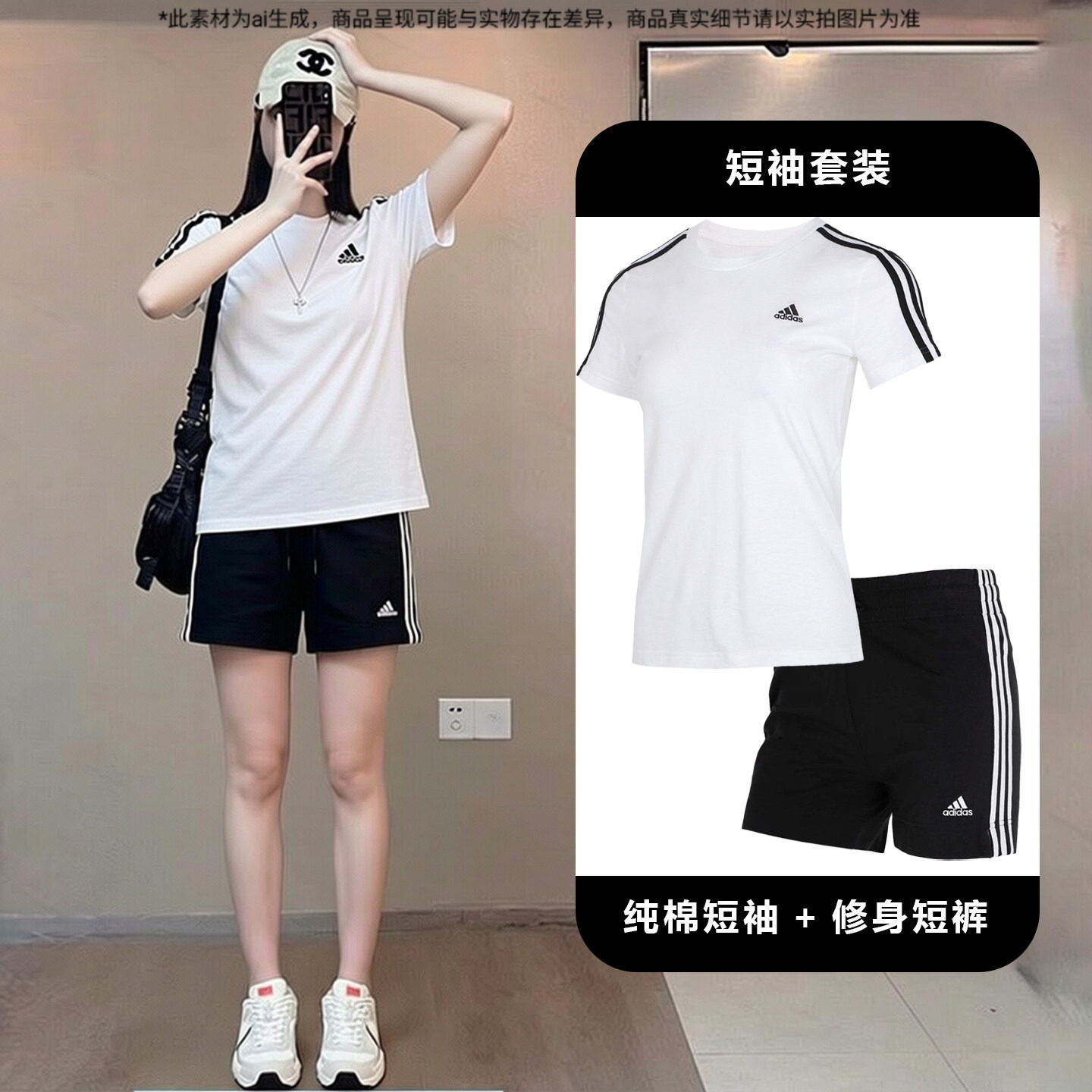 阿迪达斯官方正品女士运动套装夏季新款修身纯棉短袖T恤跑步短裤