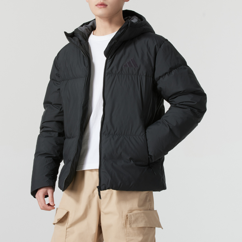 Adidas阿迪达斯官网男装2024冬季新款运动服保暖黑色羽绒服面包服