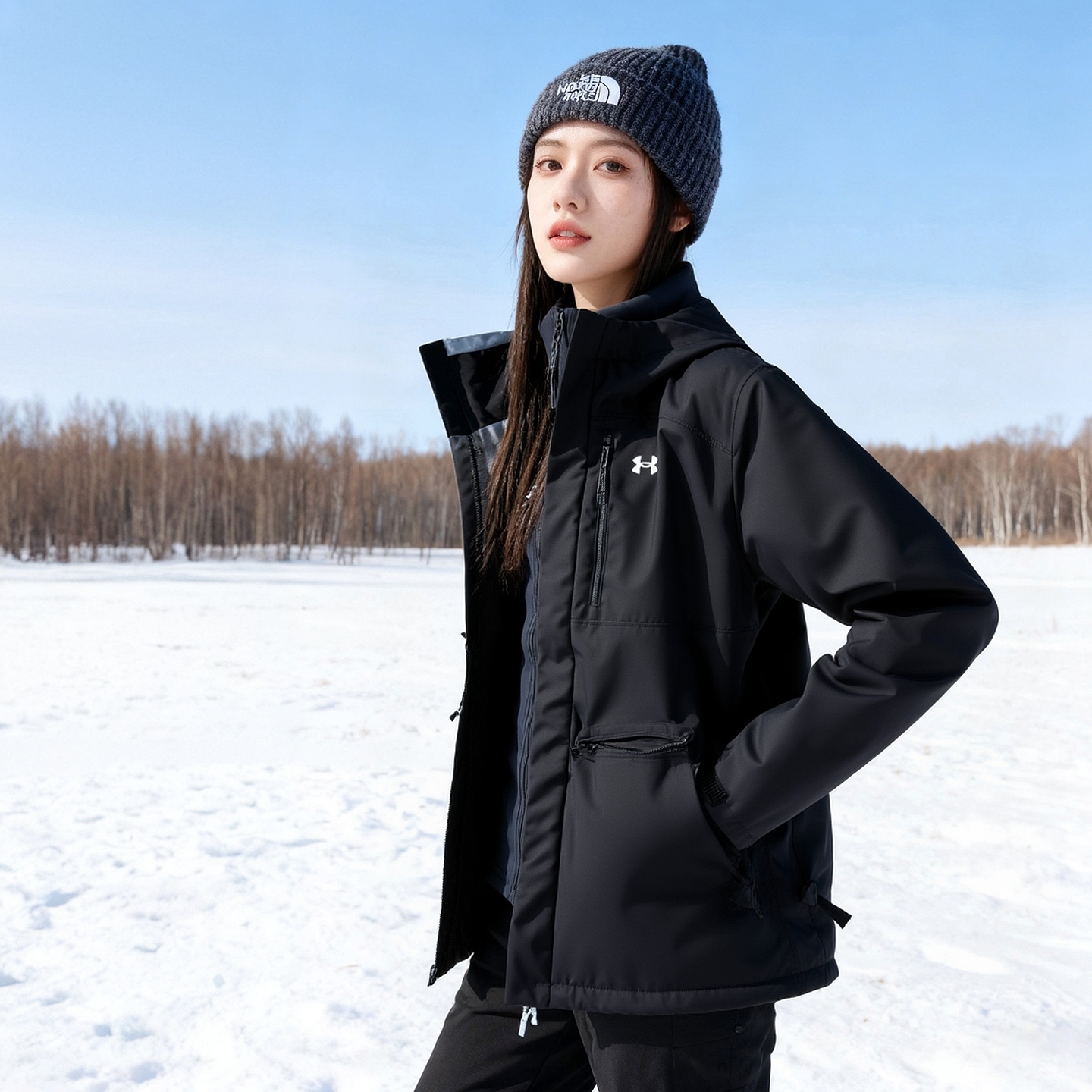 安德玛外套女装官方正品秋冬户外健身跑步黑色三合一夹克冲锋上衣