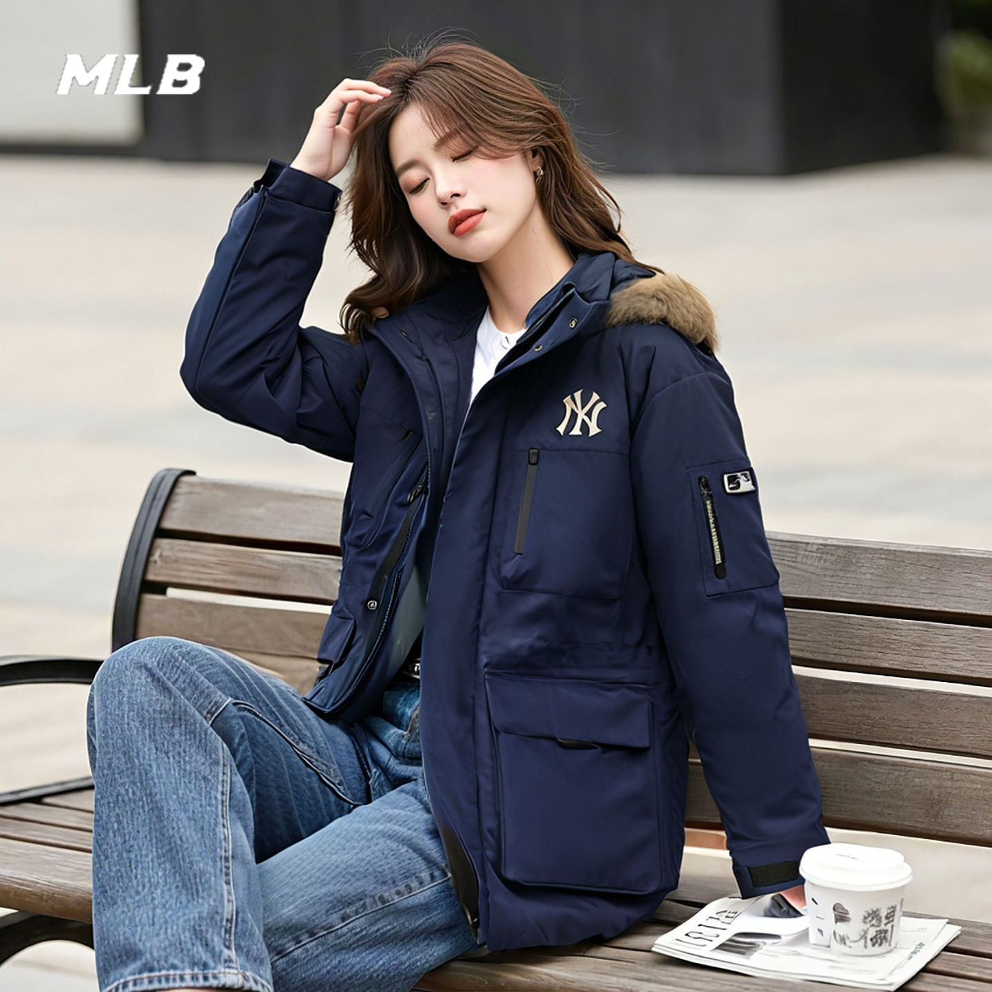 MLB羽绒服男女装2025冬季新款保暖运动服毛领蓝色外套3ADJB0656