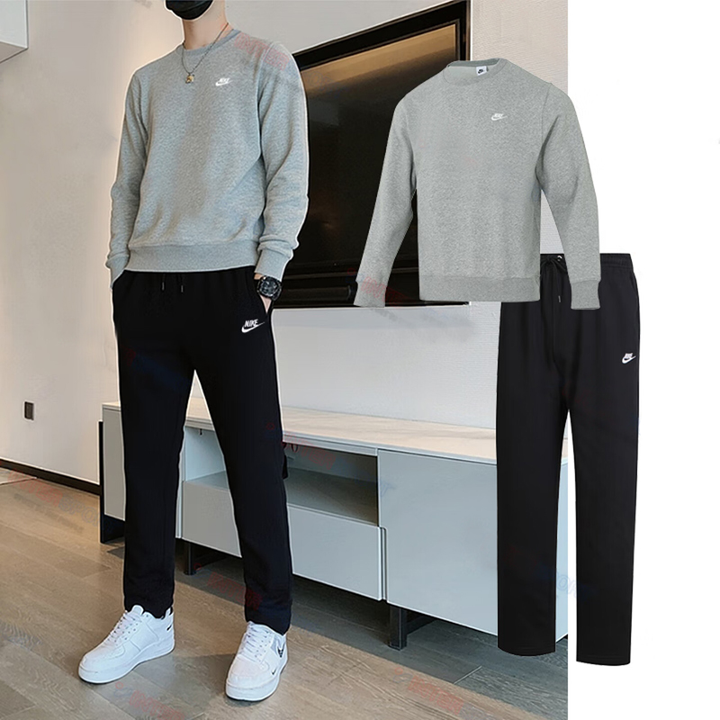 NIKE耐克运动套装男装秋季新款加绒卫衣直筒裤休闲两件套上衣裤子