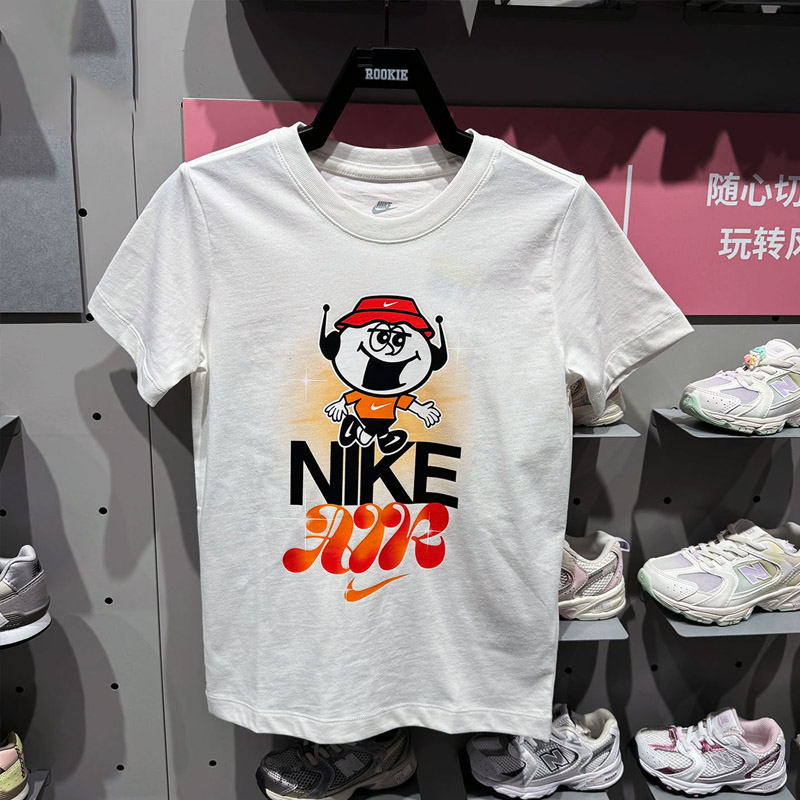NIKE耐克白色T恤衫男童女童运动短袖大童夏季印花休闲半袖HV5