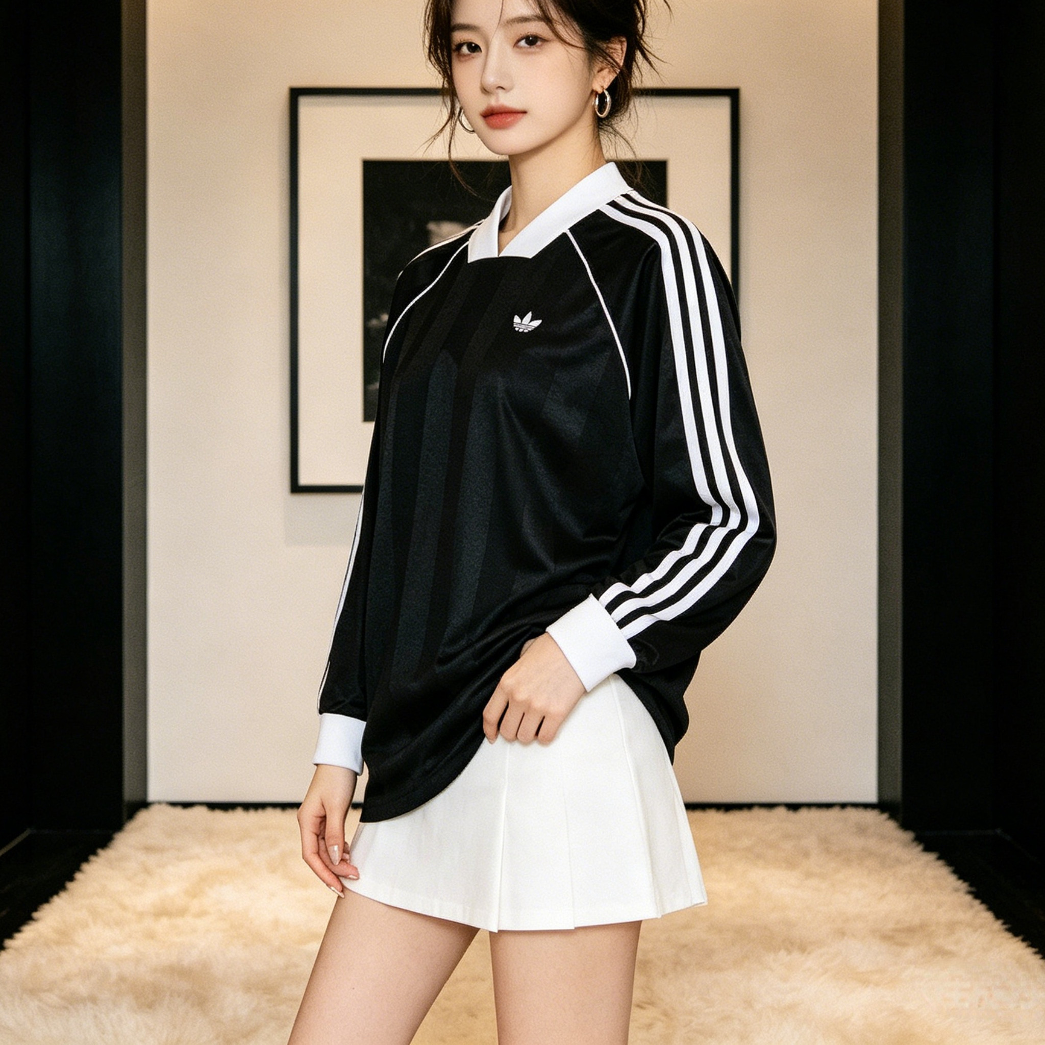 adidas阿迪达斯三叶草宽松球衣长袖T恤26春女装黑色套头衫KD2897