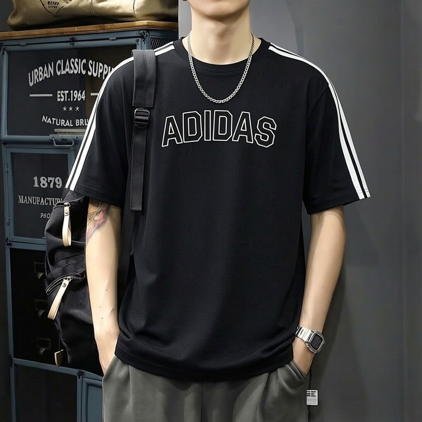 阿迪达斯男士短袖T恤夏季新款黑色纯棉半袖透气休闲时尚复古上衣