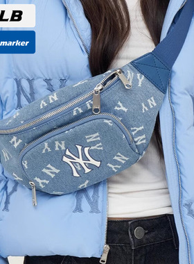 MLB官方腰包男女包2025新款NY老花运动包牛仔单肩背包3AHSM034N