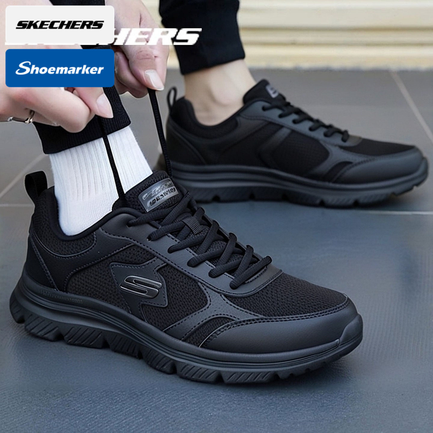 斯凯奇秋冬新款男鞋跑步鞋黑色缓震运动鞋网面透气轻便休闲鞋