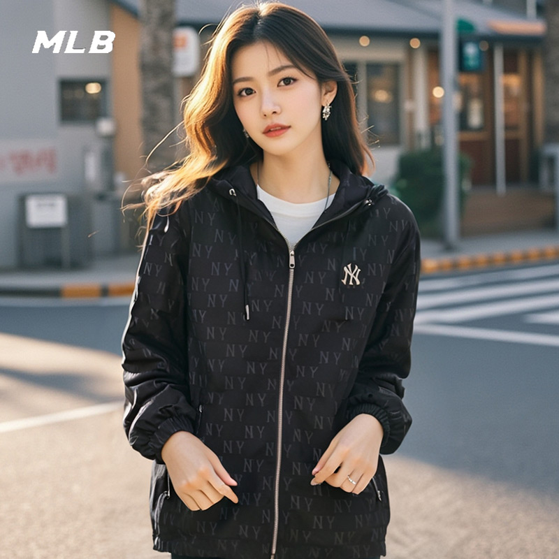 MLB官方梭织夹克男女装2025冬季新款运动服连帽防风衣黑色外套