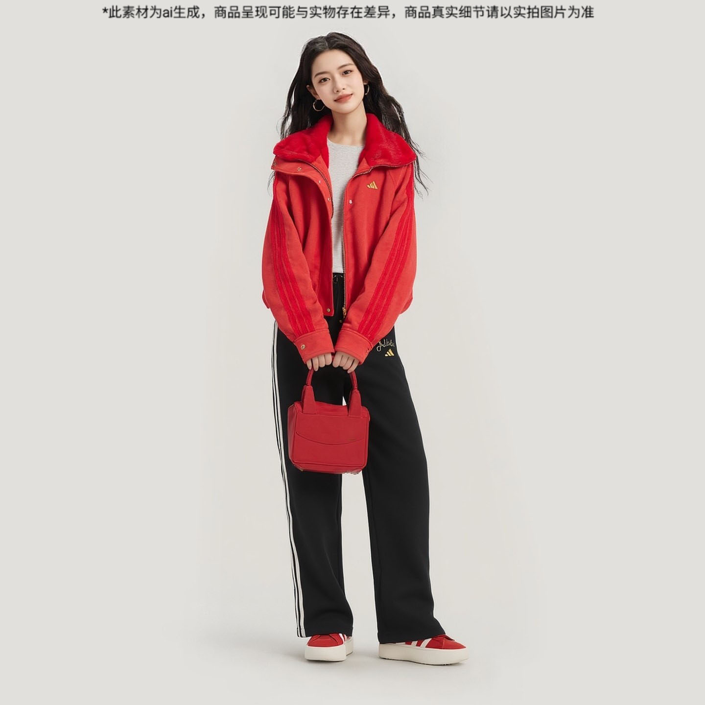 adidas阿迪达斯短款红色外套26新款女款毛绒短款拉链夹克衫KH2661