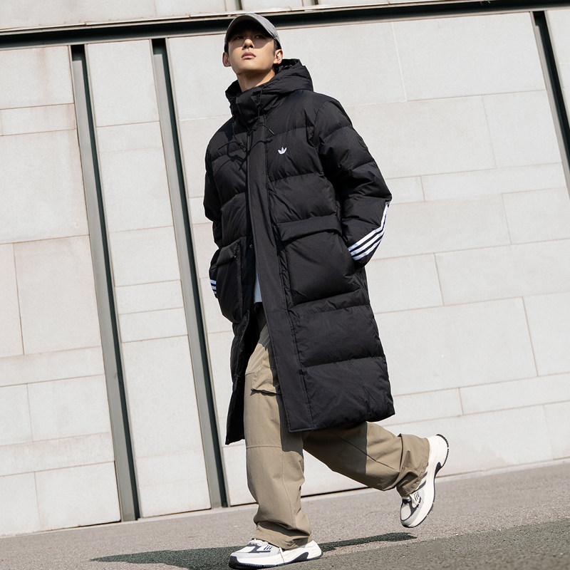 阿迪达斯三叶草高充绒量羽绒服男女同款25冬季款黑色长款羽绒外套