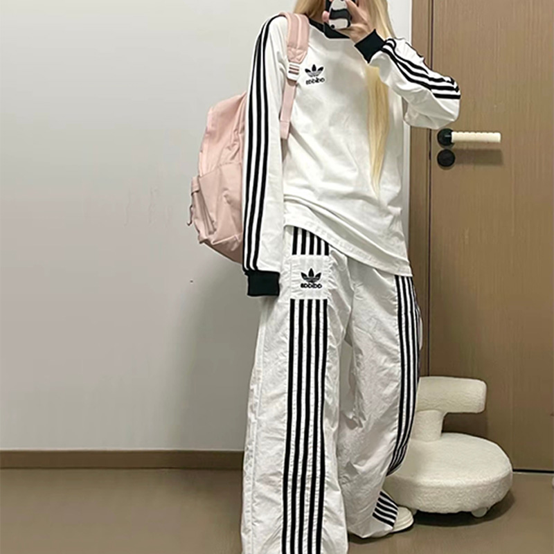 阿迪达斯三叶草长袖T恤女装2025新款薄款T恤休闲三条纹打底衫男款