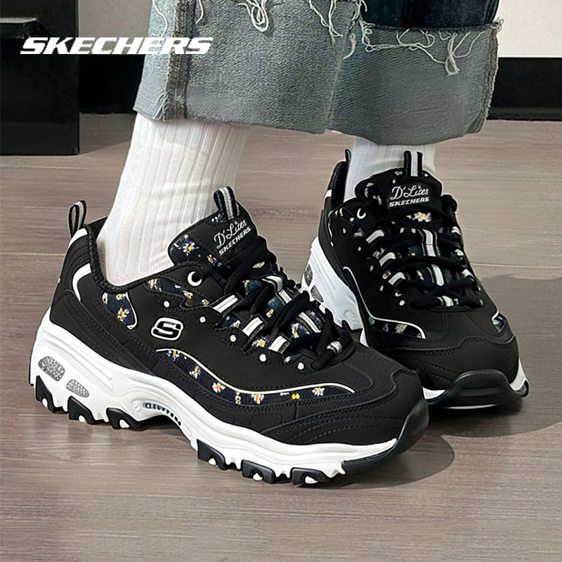 斯凯奇女鞋熊猫鞋秋季新款fafa熊小雏菊黑白老爹鞋刺绣休闲运动鞋