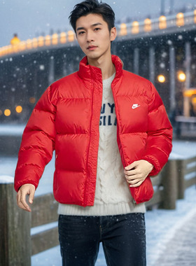 Nike耐克红色羽绒服男2025春季新款面包服休闲保暖运动夹克FZ5029