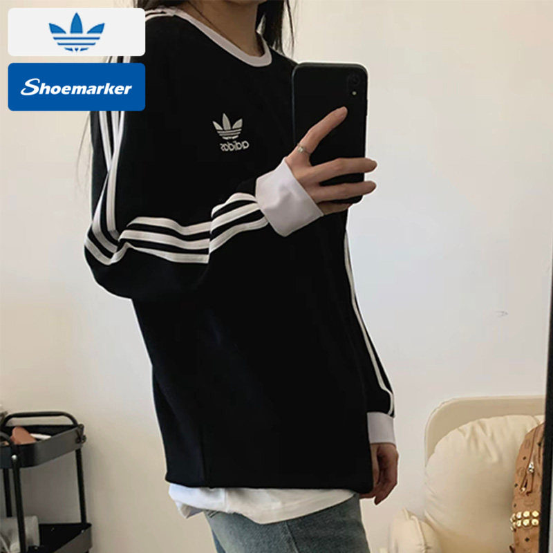 阿迪达斯三叶草长袖T恤男装秋季新款黑色运动上衣休闲黑色套头衫