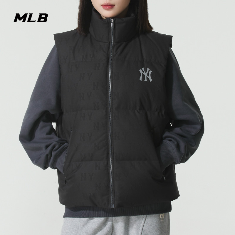 MLB立领老花羽绒马甲2025冬季新款男女装运动服宽松背心3ADVM0356